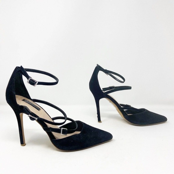 Topshop Triple Buckle Strap Pointed Toe Suede Black Heels 38 (7) - Picture 2 of 8